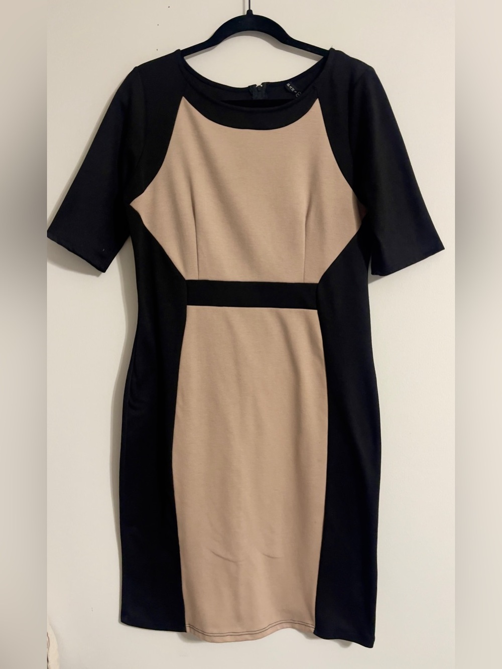 Drama Gold Color Block Sheath Dress Black Tan MIDI Sz L Career Work Office Y2K